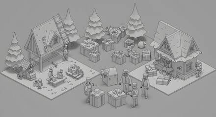 Obraz premium Christmas scene made entirely from wireframe outlines on light grey paper, isometric view 3