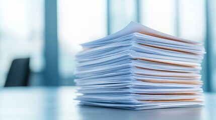 Stack of Paperwork: A close-up of a substantial pile of documents rests on a pristine, reflecting surface, offering a serene yet powerful symbol of corporate organization and paperwork.