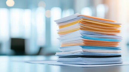 Overwhelmed at Desk: A towering stack of documents signifies the weight of administrative tasks, and the details are in sharp focus. Highlighting the core themes of business and workflow