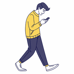 Young man walking using smartphone, clean cutout, transparent background