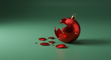 One broken ornament on a seamless matte green surface, representing imperfect minimalist holidays