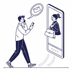 Man walking using smartphone video call email