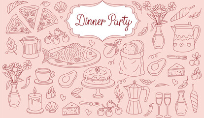 Doodle drawings of italian and french food, cocktails, flowers and decor Dinner Party Doodle Set with Food, Drinks, and Table Decor Elements Hand Drawn Vector Illustration