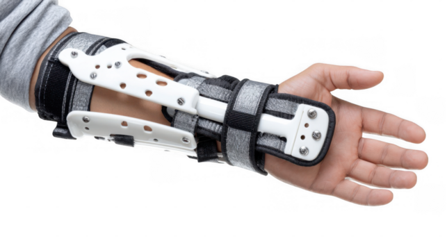 Close up of a patient's arm wearing a wrist and forearm orthosis, showcasing the device's design and functionality against a transparent background, ideal for healthcare and medical presentations