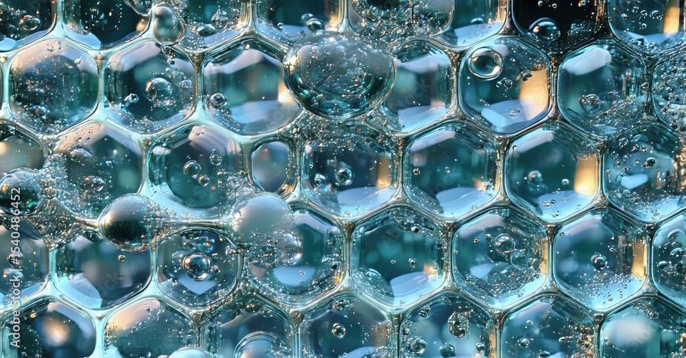 Poster hexagonal bubbles, vibrant blue tones, macro photography. liquid droplets create interesting pattern
