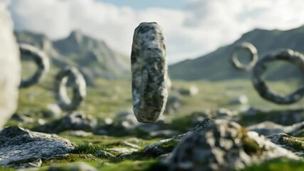 Floating stone circles amidst a mountain landscape - Powered by Adobe