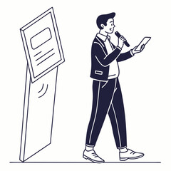 Professional man speaking with microphone and tablet on white background