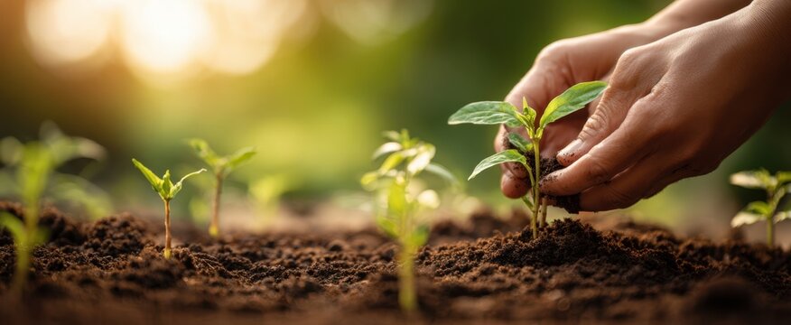 The hands planting seedlings into rich soil for sustainable growth.