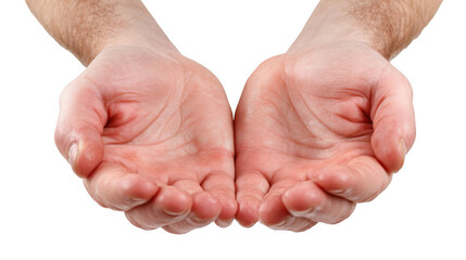 Two open hands showing empty palms, cupped together as if holding something, isolated on a transparent background, providing a versatile image for various concepts