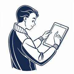 Young man using tablet, clean cutout, transparent background