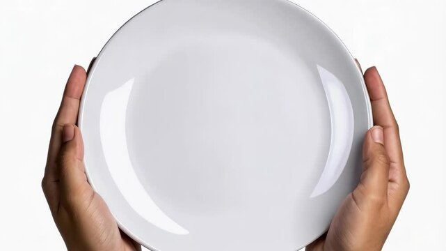 Close-up of woman's hands holding a plain white round plate against a white background with bright lighting, ready for food presentation