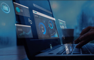 woman analyst uses a computer AI artificial intelligence and dashboard for data business analysis...