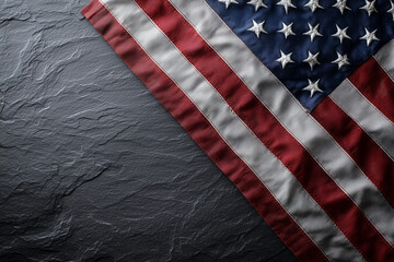 Fototapeta premium Folded American flag on a dark, textured slate background, perfect for patriotic themes, national holidays, remembrance, and respectful commemorations with ample copy space.