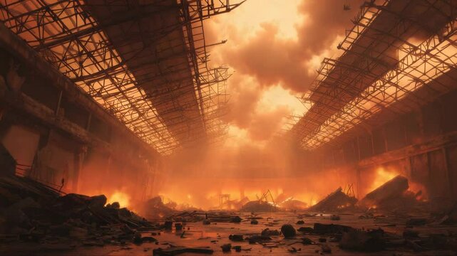 Fiery Aftermath: Exploring the Devastation of an Industrial Building Inferno Scene