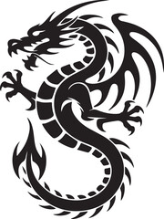 Striking black silhouette depicting a powerful dragon with intricate winged and clawed details