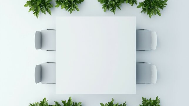 Minimalist Workspace: An overhead view of a modern, minimalist workspace setup, showcasing a square white desk surrounded by four sleek chairs and accented with vibrant green plants.