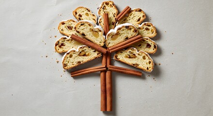 Sliced stollen bread arranged in tree formation with cinnamon sticks as trunk, soft overhead lighting
