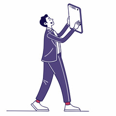 Professional businessman holding large smartphone on white background