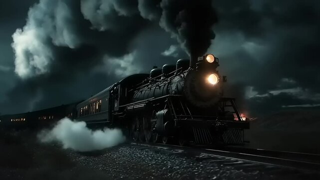 Vintage steam locomotive chugging through a dark, stormy landscape with ominous clouds