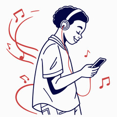 Happy boy listening music headphones smartphone