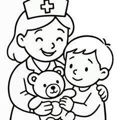 Obraz premium Happy Nurse with Child and Teddy Bear Coloring Page - Caring Healthcare
