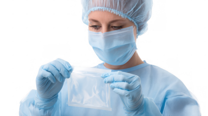 Healthcare professional wearing a surgical mask, cap, gown, and gloves opens a sterile medical package against a transparent background, highlighting hygiene and safety in medical settings