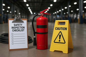 Safety inspection checklist clipboard, red fire extinguisher, and yellow caution sign placed on floor of large industrial warehouse with blurred background lights