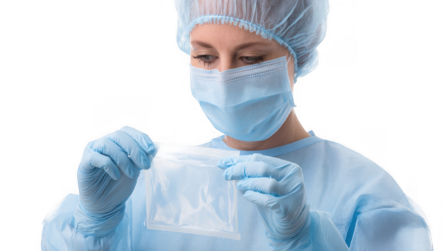 Healthcare professional wearing a surgical mask, cap, gown, and gloves opens a sterile medical package against a transparent background, highlighting hygiene and safety in medical settings