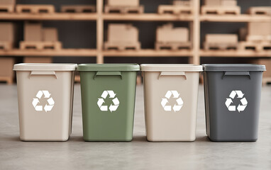 Recycling bin set with beige, green, and gray containers lined up indoors, featuring eco friendly symbols and blurred wooden shelf background, promoting sustainable waste management