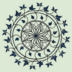 Circular floral illustration featuring delicate leaves and a geometric design on a light green background