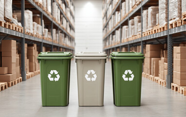 Recycling bins in green and beige colors stand in warehouse aisle surrounded by shelves filled with stacked cardboard boxes and wrapped pallets, promoting eco friendly waste management