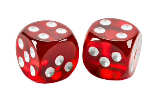 Two red dice, close-up, showing numbers