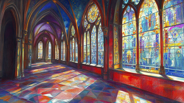 vibrant crayon drawing of stunning interior space with colorful stained glass windows
