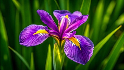 Vibrant purple iris in natural sunlight with fresh green foliage, detailed botanical close-up

