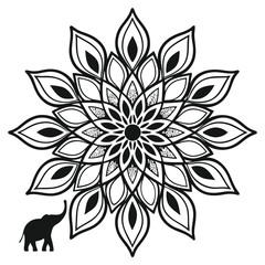 Fototapeta premium Elegant black and white mandala design featuring a small elephant silhouette on white background