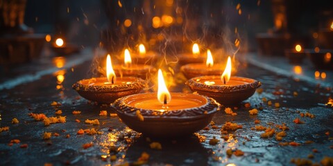 Glowing Oil Lamps Shine on Ground during Celebration