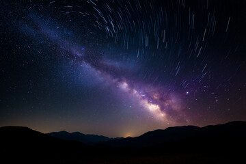 stunning star trails in the night sky above the silhouette of dark mountains with long exposure effect of astrophotography photography