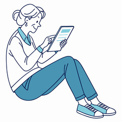 Senior woman sitting floor using tablet device