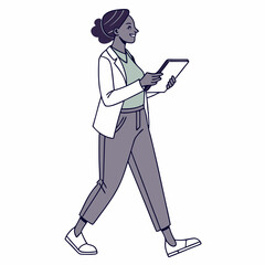 Professional woman walking tablet transparent background