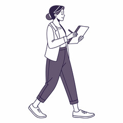 Woman walking and taking notes on clipboard