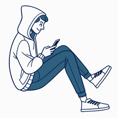 Person in hoodie using smartphone, clean cutout, transparent background