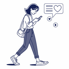 Young woman walking using smartphone social media love