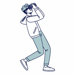 Young man using binoculars outdoor observation