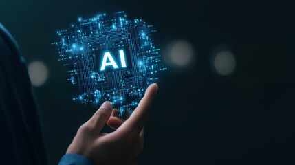 AI tech future: A modern person embraces AI technology with digital circuit. This image is perfect for illustrating innovation and artificial intelligence and futuristic tech world.