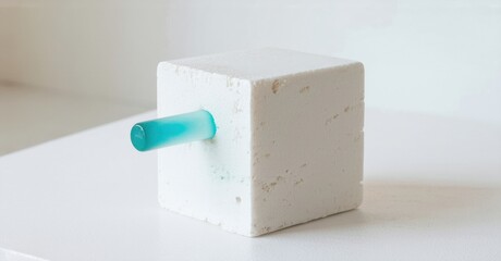 White cube, rough texture, pierced by turquoise rod. Minimalist sculpture, simple form, studio lighting, clean background. Modern art piece.