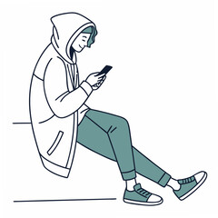 Young person sitting using smartphone, clean cutout