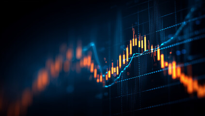 Abstract financial stock market chart with glowing orange and blue lines, representing data analysis, trading, business growth, and economic trends on a digital display.