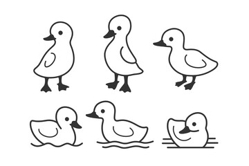 Cute duckling swam in water. Contour vector illustration.