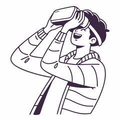 Happy man experiencing virtual reality headset