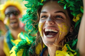 ultra HD image of Cheering sports fan from Brazil with fans from other countries